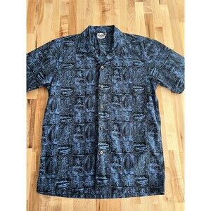 Vintage Men's Hawaiian Shirt 100% Cotton Aloha Tiki Block Print Style Blue Blk S
